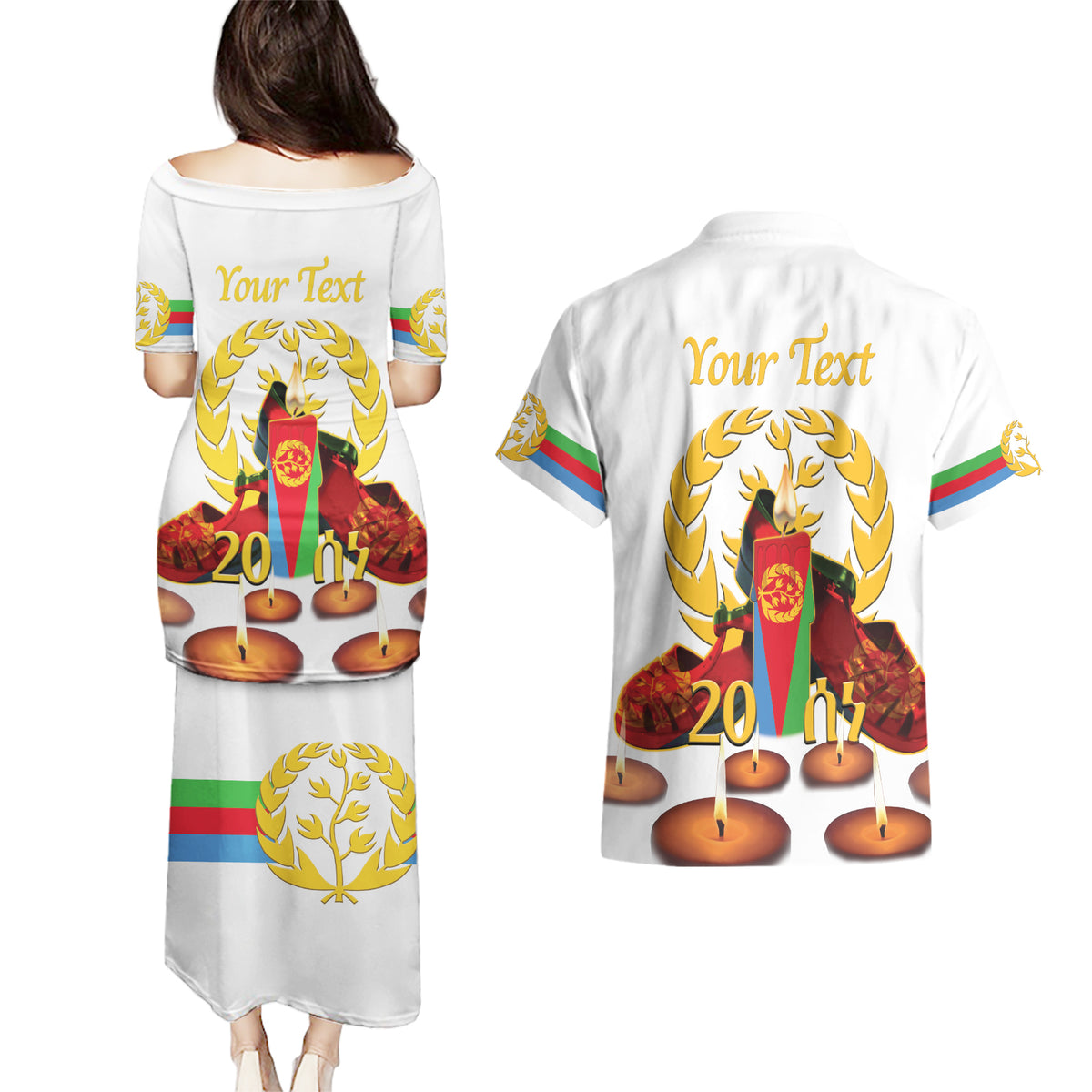 Custom Eritrea Martyrs' Day Couples Matching Puletasi and Hawaiian Shirt 20 June Shida Shoes With Candles - White - Wonder Print Shop