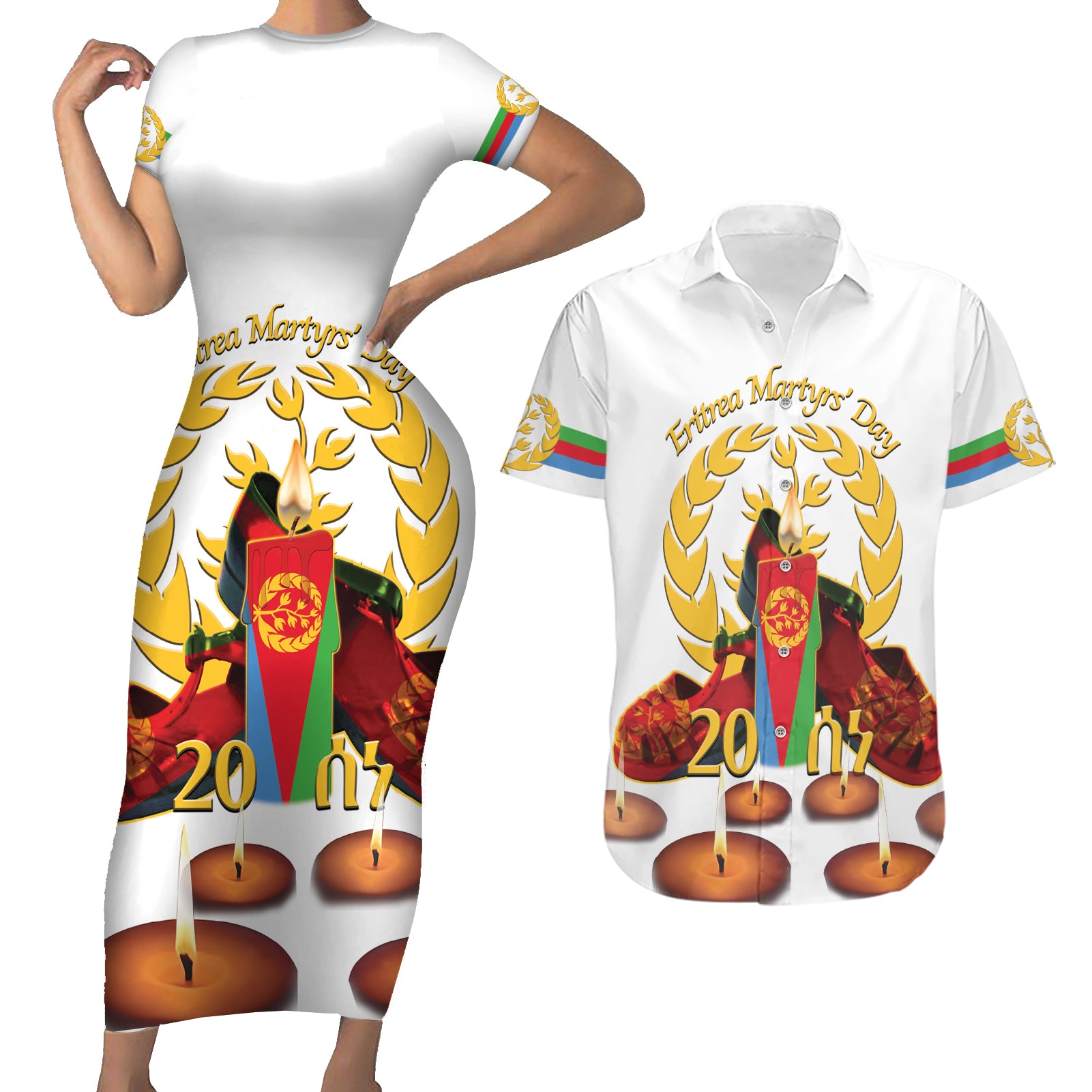 Custom Eritrea Martyrs' Day Couples Matching Short Sleeve Bodycon Dress and Hawaiian Shirt 20 June Shida Shoes With Candles - White