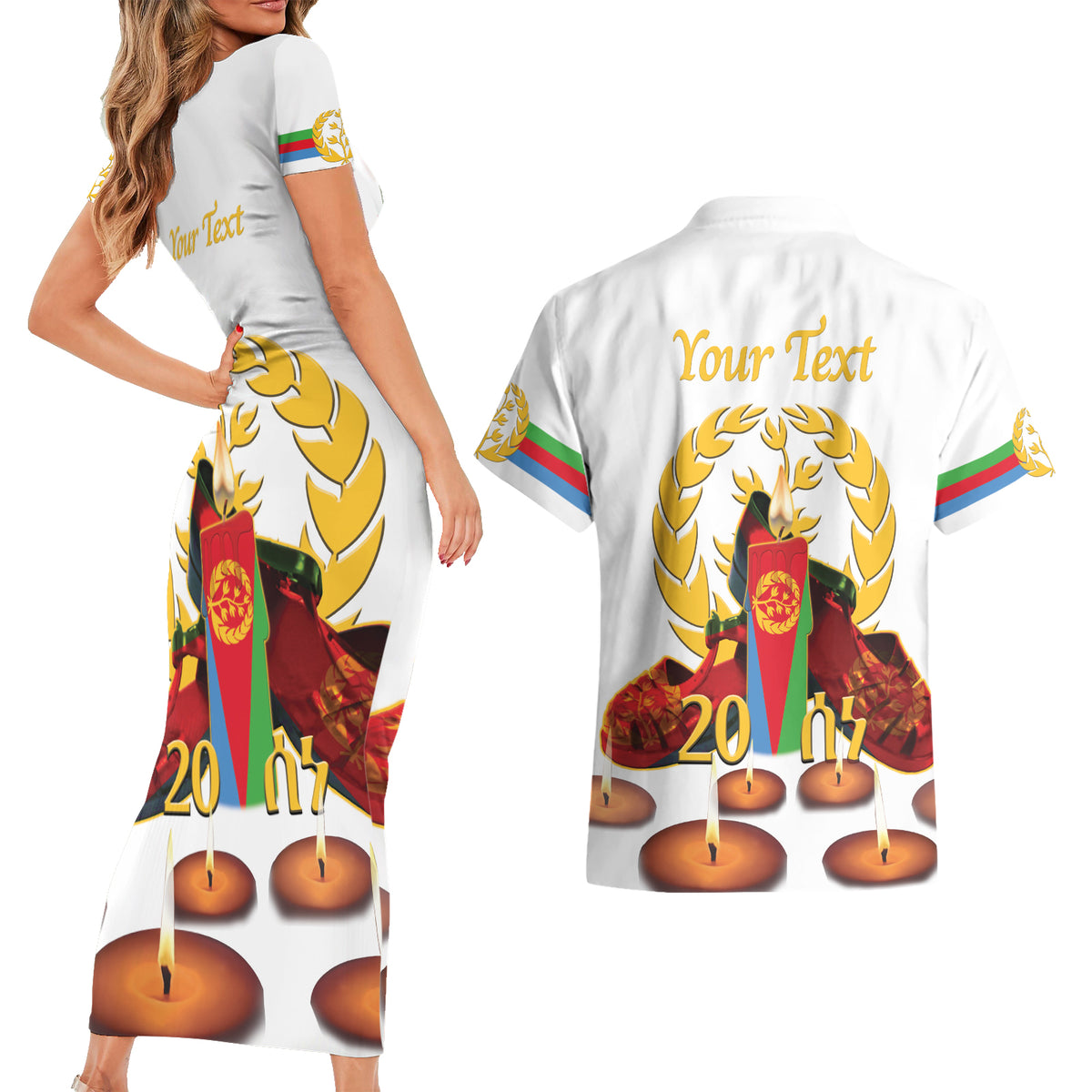 Custom Eritrea Martyrs' Day Couples Matching Short Sleeve Bodycon Dress and Hawaiian Shirt 20 June Shida Shoes With Candles - White - Wonder Print Shop