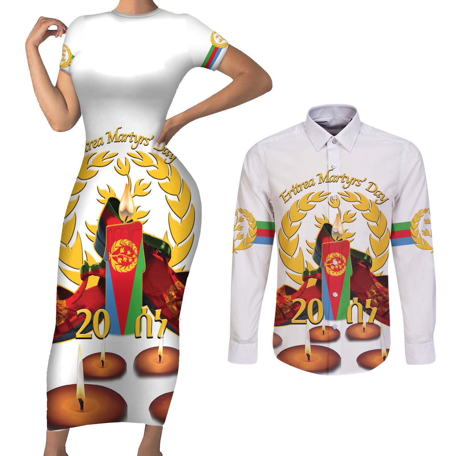 Custom Eritrea Martyrs' Day Couples Matching Short Sleeve Bodycon Dress and Long Sleeve Button Shirt 20 June Shida Shoes With Candles - White