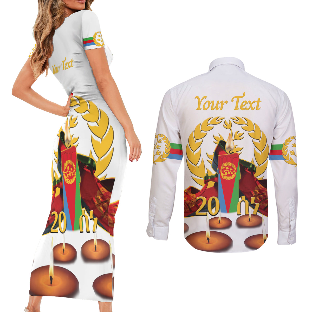 Custom Eritrea Martyrs' Day Couples Matching Short Sleeve Bodycon Dress and Long Sleeve Button Shirt 20 June Shida Shoes With Candles - White - Wonder Print Shop