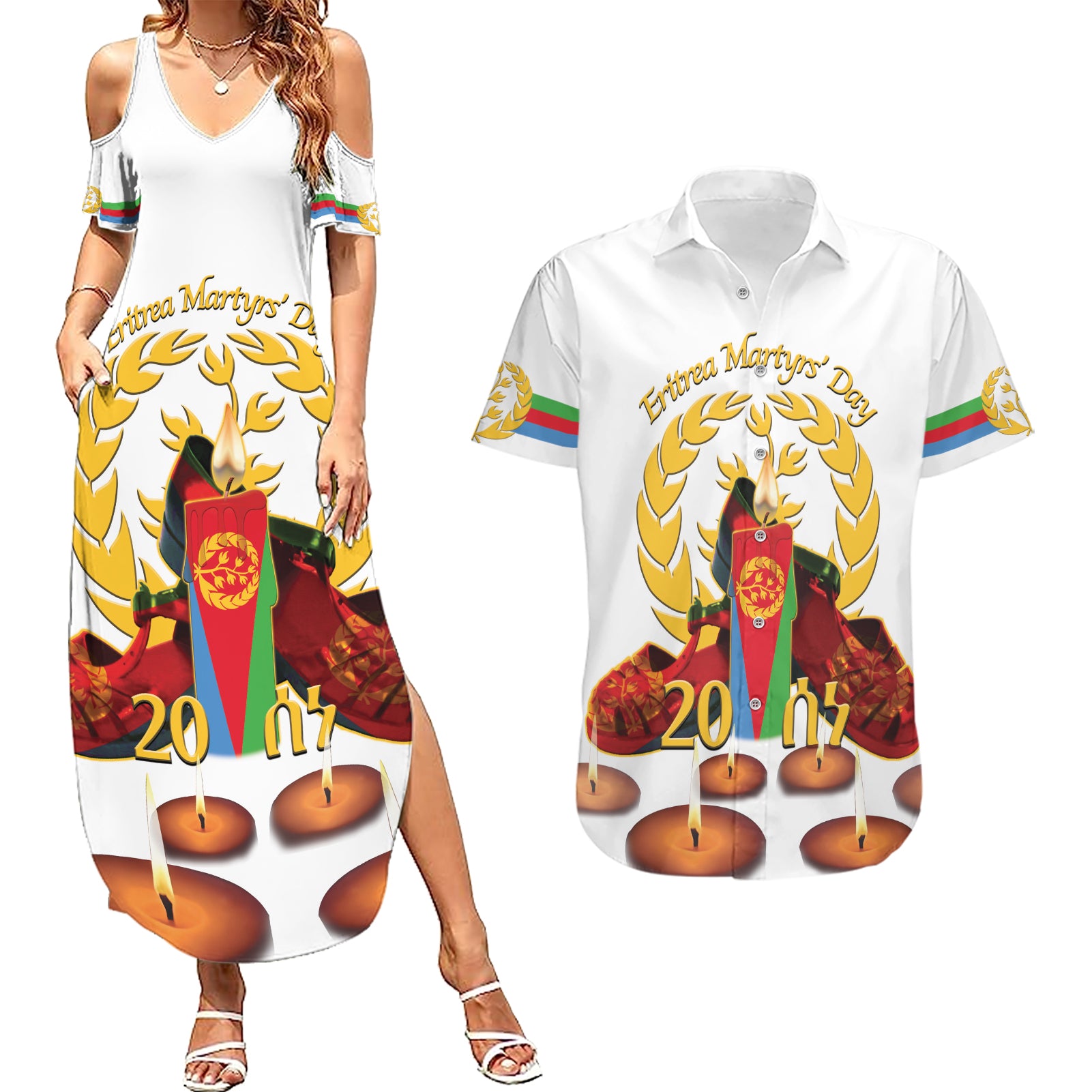 Custom Eritrea Martyrs' Day Couples Matching Summer Maxi Dress and Hawaiian Shirt 20 June Shida Shoes With Candles - White