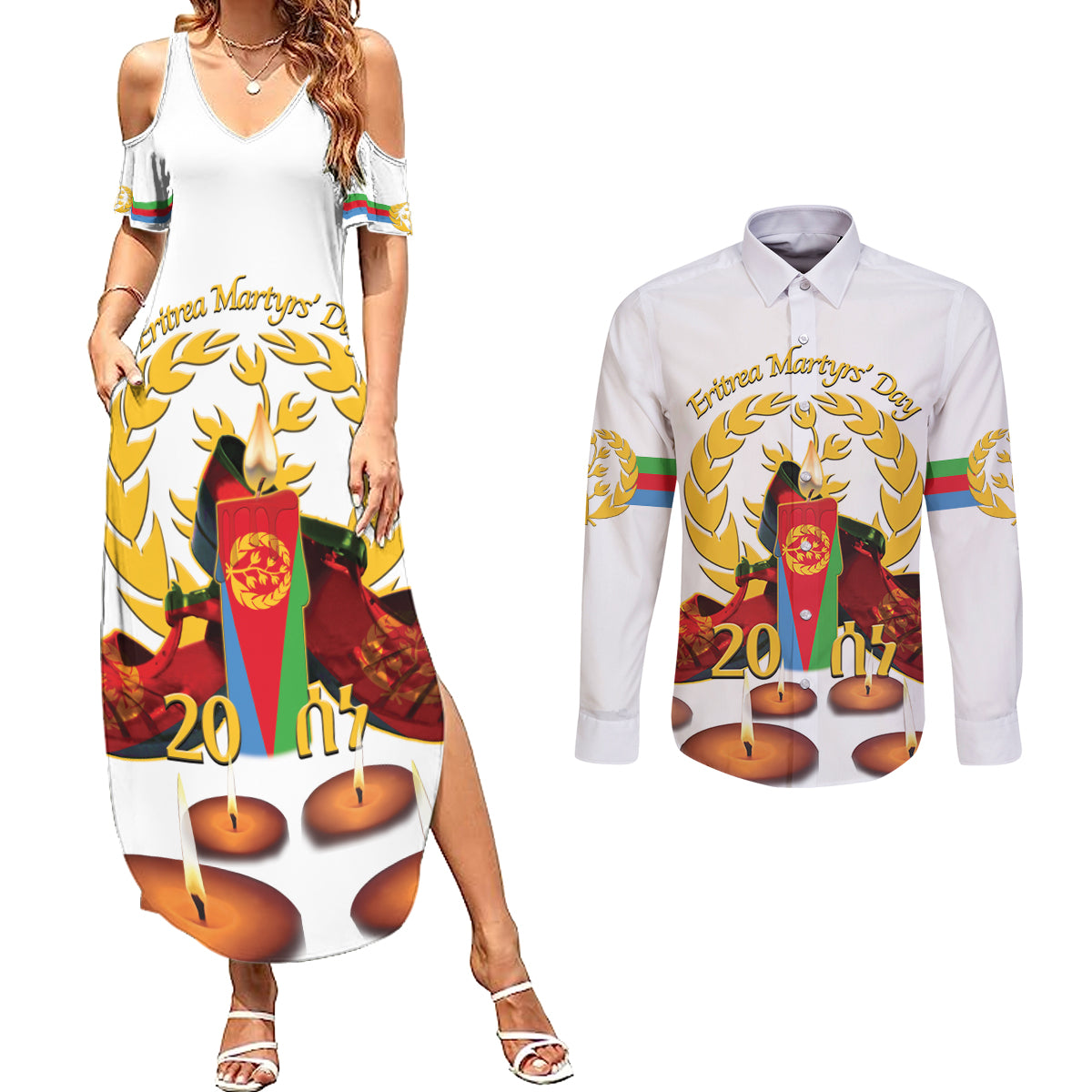 Custom Eritrea Martyrs' Day Couples Matching Summer Maxi Dress and Long Sleeve Button Shirt 20 June Shida Shoes With Candles - White