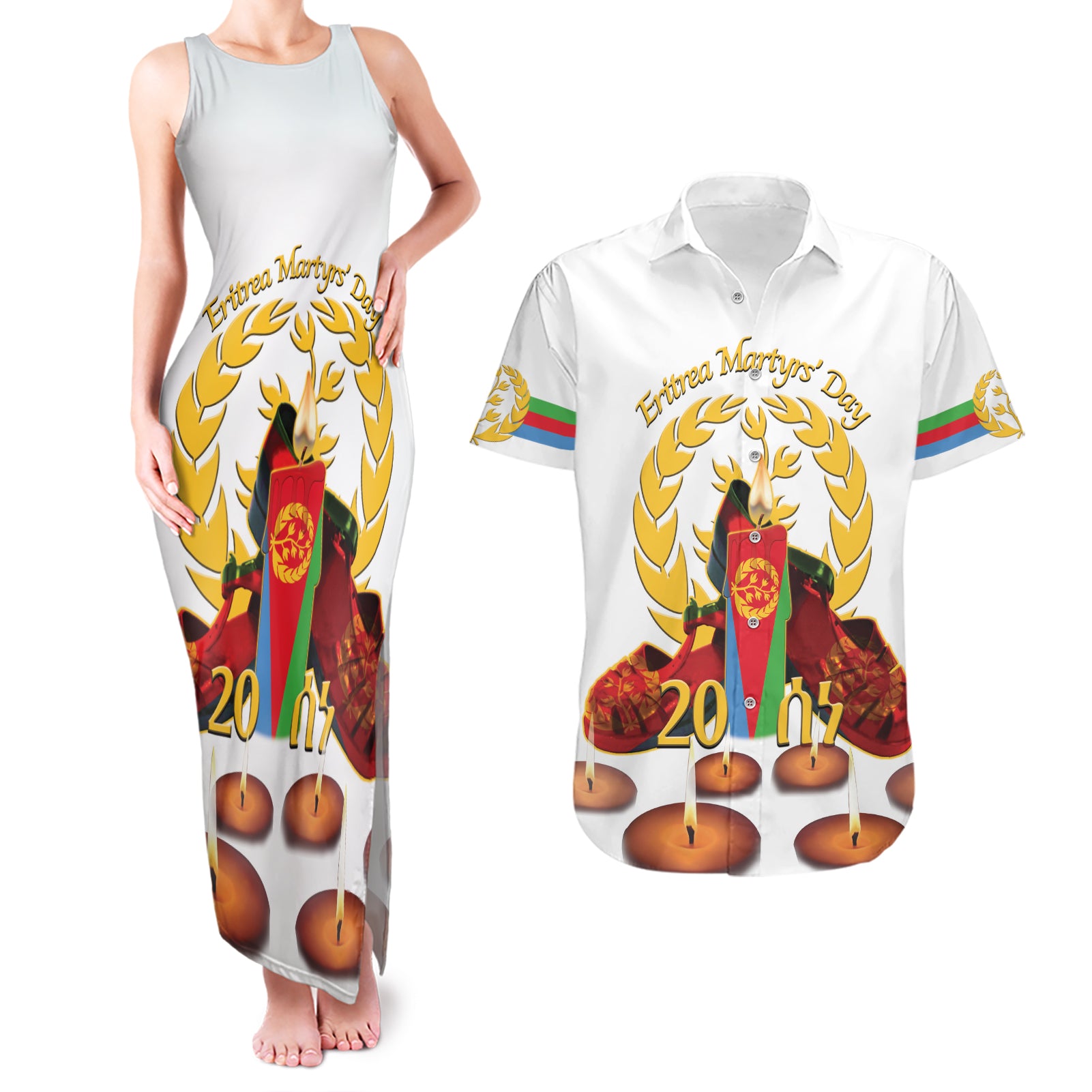 Custom Eritrea Martyrs' Day Couples Matching Tank Maxi Dress and Hawaiian Shirt 20 June Shida Shoes With Candles - White
