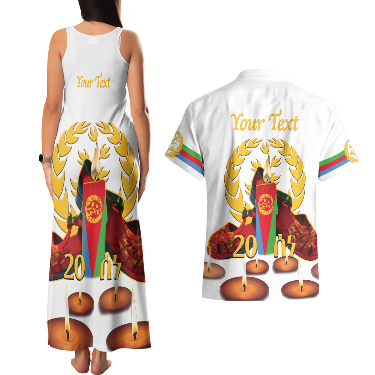 Custom Eritrea Martyrs' Day Couples Matching Tank Maxi Dress and Hawaiian Shirt 20 June Shida Shoes With Candles - White - Wonder Print Shop