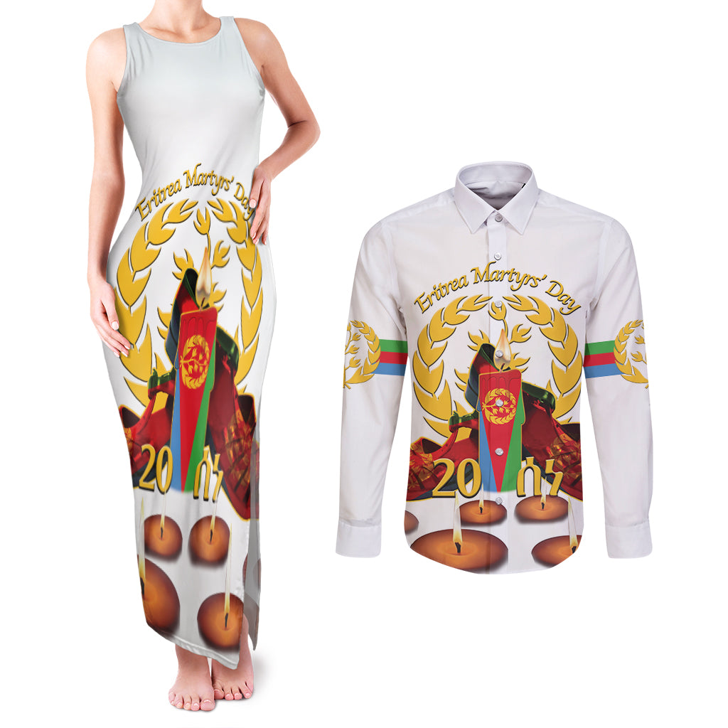 Custom Eritrea Martyrs' Day Couples Matching Tank Maxi Dress and Long Sleeve Button Shirt 20 June Shida Shoes With Candles - White