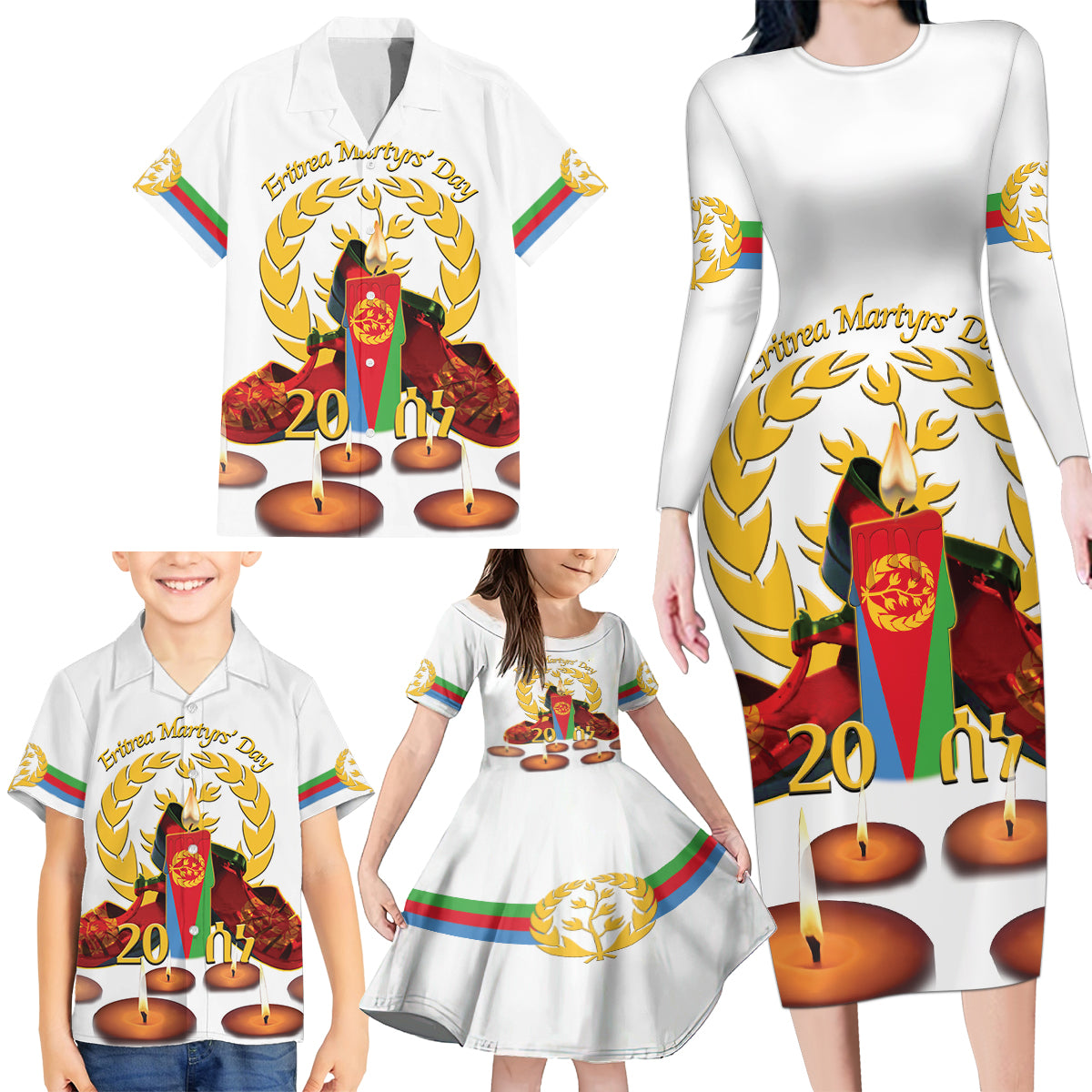Custom Eritrea Martyrs' Day Family Matching Long Sleeve Bodycon Dress and Hawaiian Shirt 20 June Shida Shoes With Candles - White