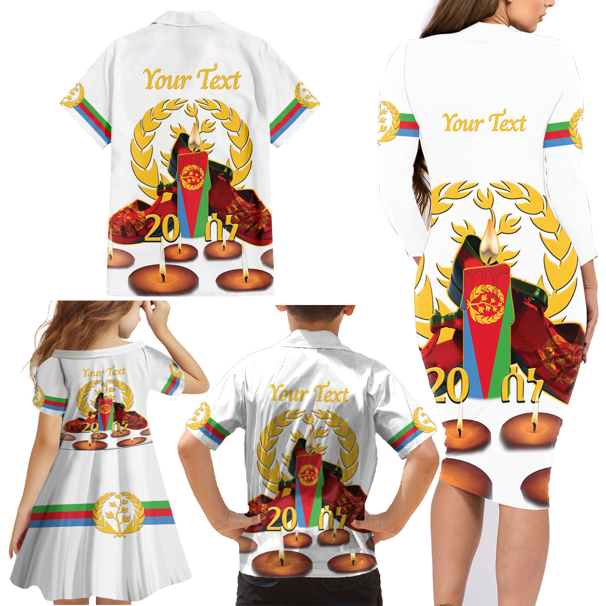 Custom Eritrea Martyrs' Day Family Matching Long Sleeve Bodycon Dress and Hawaiian Shirt 20 June Shida Shoes With Candles - White - Wonder Print Shop