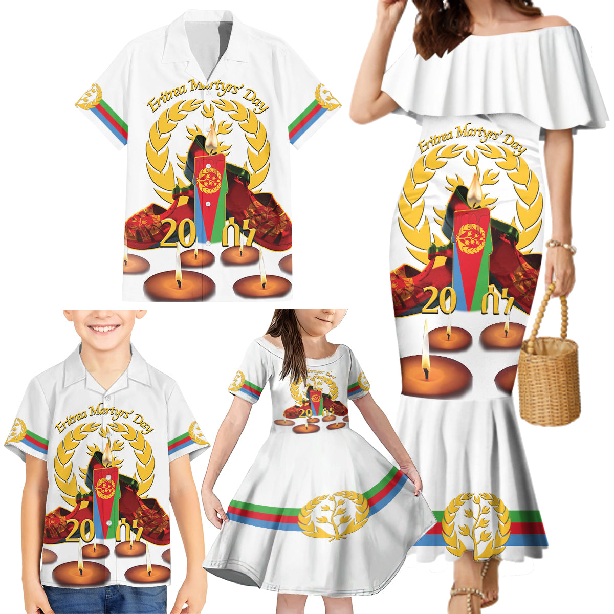Custom Eritrea Martyrs' Day Family Matching Mermaid Dress and Hawaiian Shirt 20 June Shida Shoes With Candles - White