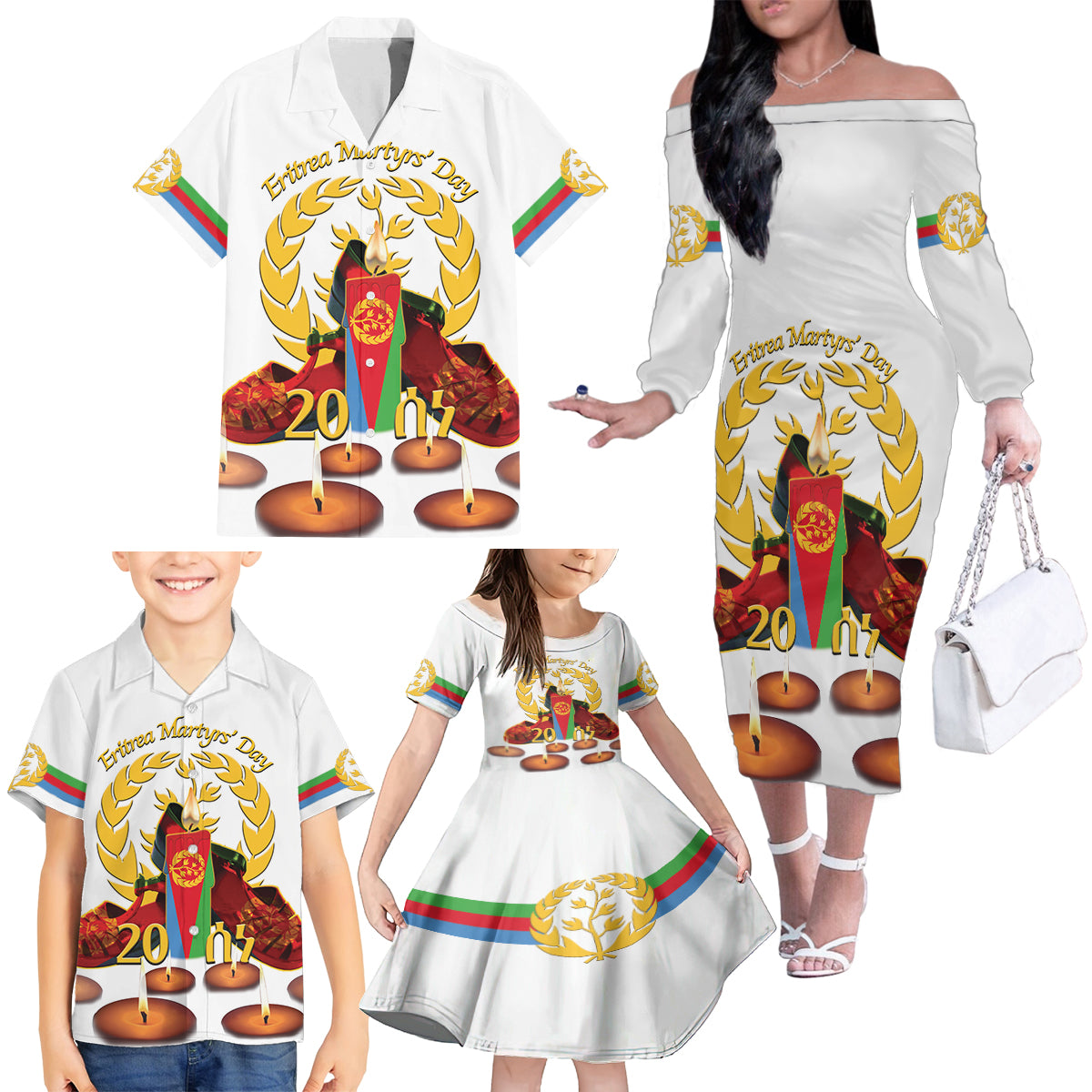 Custom Eritrea Martyrs' Day Family Matching Off The Shoulder Long Sleeve Dress and Hawaiian Shirt 20 June Shida Shoes With Candles - White - Wonder Print Shop