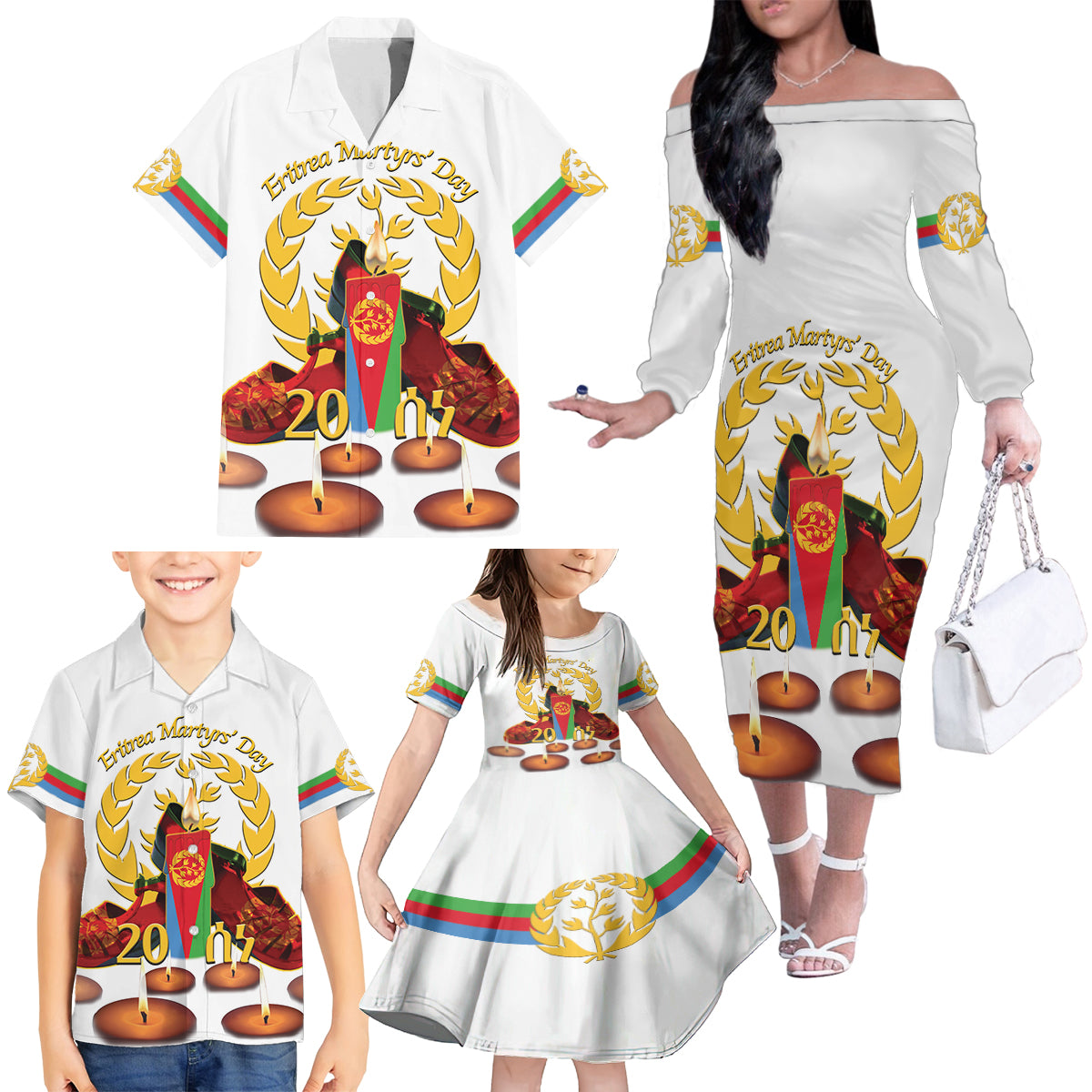 Custom Eritrea Martyrs' Day Family Matching Off The Shoulder Long Sleeve Dress and Hawaiian Shirt 20 June Shida Shoes With Candles - White