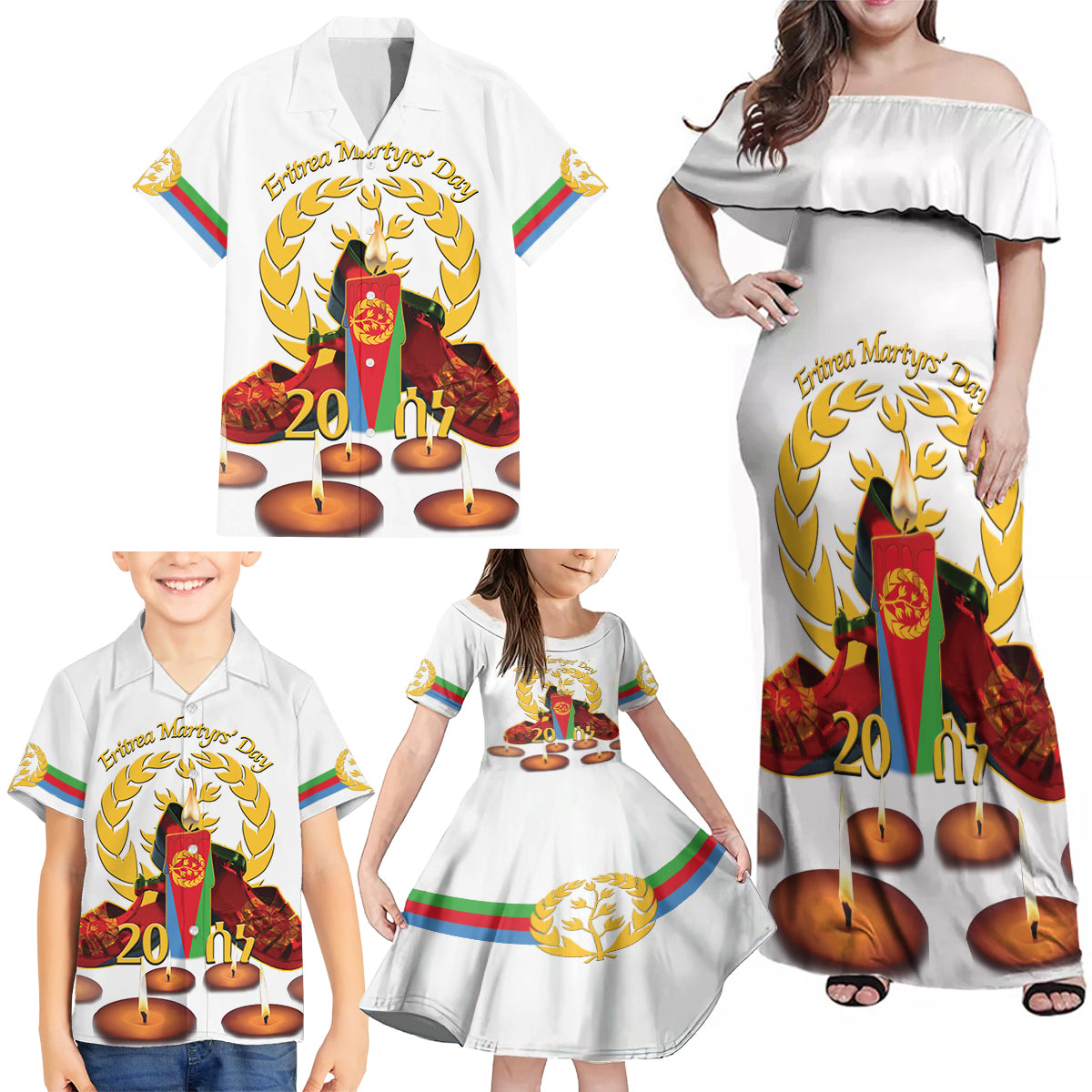 Custom Eritrea Martyrs' Day Family Matching Off Shoulder Maxi Dress and Hawaiian Shirt 20 June Shida Shoes With Candles - White