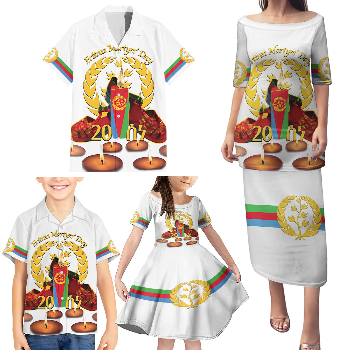 Custom Eritrea Martyrs' Day Family Matching Puletasi and Hawaiian Shirt 20 June Shida Shoes With Candles - White - Wonder Print Shop
