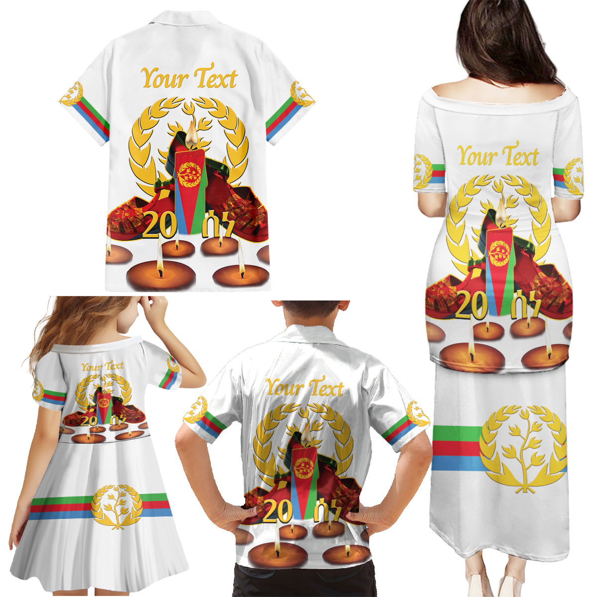 Custom Eritrea Martyrs' Day Family Matching Puletasi and Hawaiian Shirt 20 June Shida Shoes With Candles - White - Wonder Print Shop