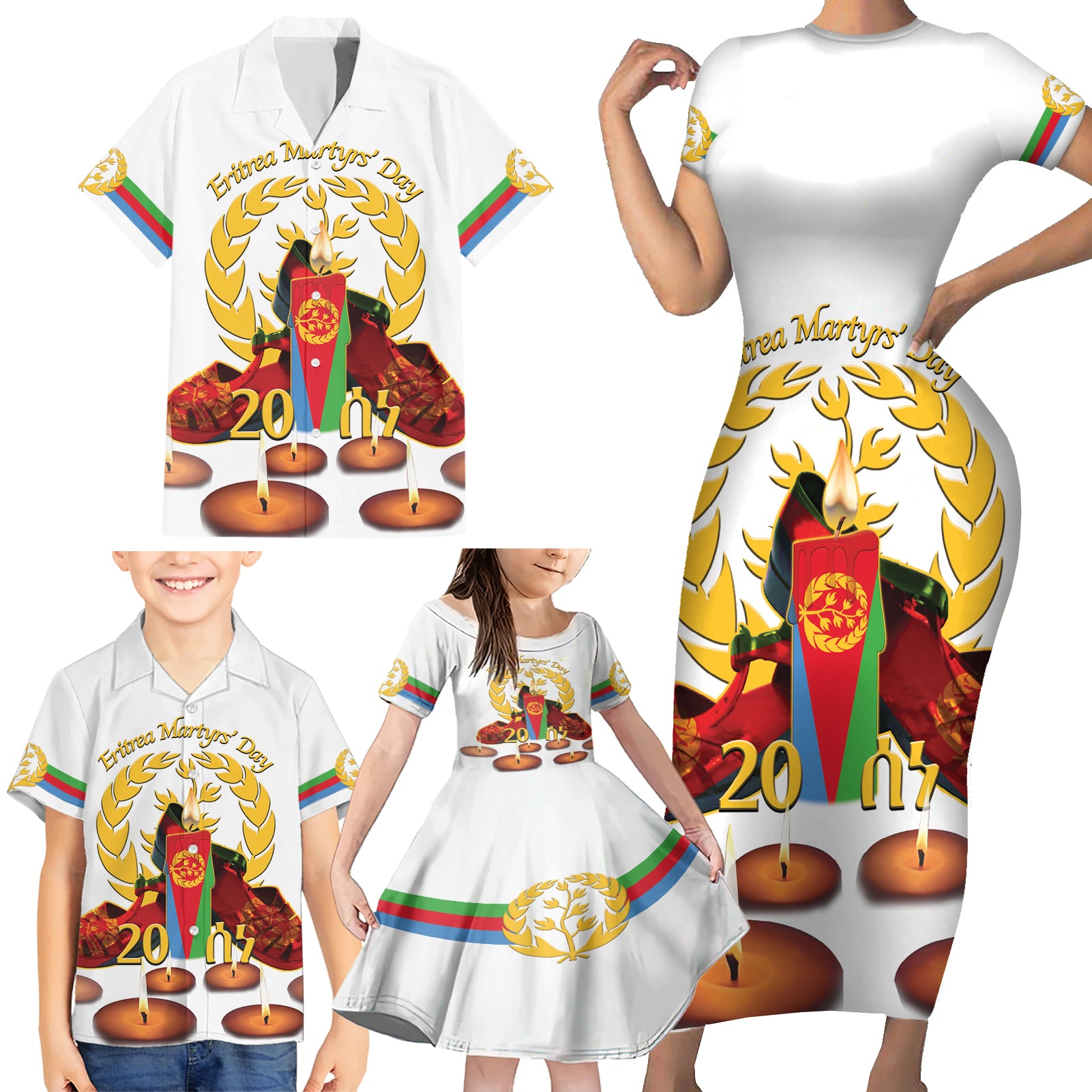 Custom Eritrea Martyrs' Day Family Matching Short Sleeve Bodycon Dress and Hawaiian Shirt 20 June Shida Shoes With Candles - White