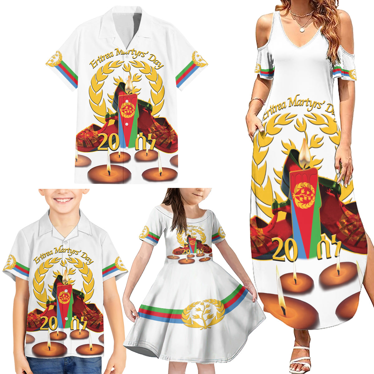 Custom Eritrea Martyrs' Day Family Matching Summer Maxi Dress and Hawaiian Shirt 20 June Shida Shoes With Candles - White