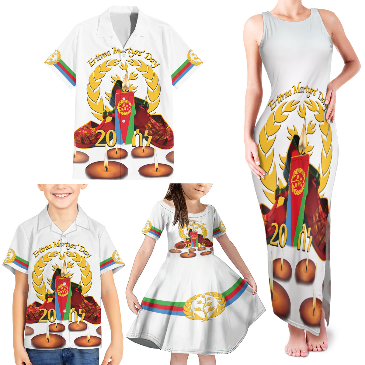 Custom Eritrea Martyrs' Day Family Matching Tank Maxi Dress and Hawaiian Shirt 20 June Shida Shoes With Candles - White