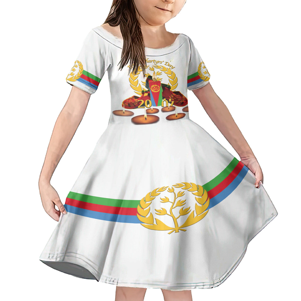 Custom Eritrea Martyrs' Day Kid Short Sleeve Dress 20 June Shida Shoes With Candles - White