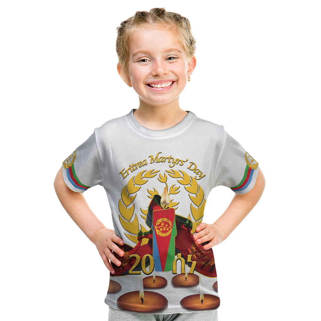 Custom Eritrea Martyrs' Day Kid T Shirt 20 June Shida Shoes With Candles - White - Wonder Print Shop