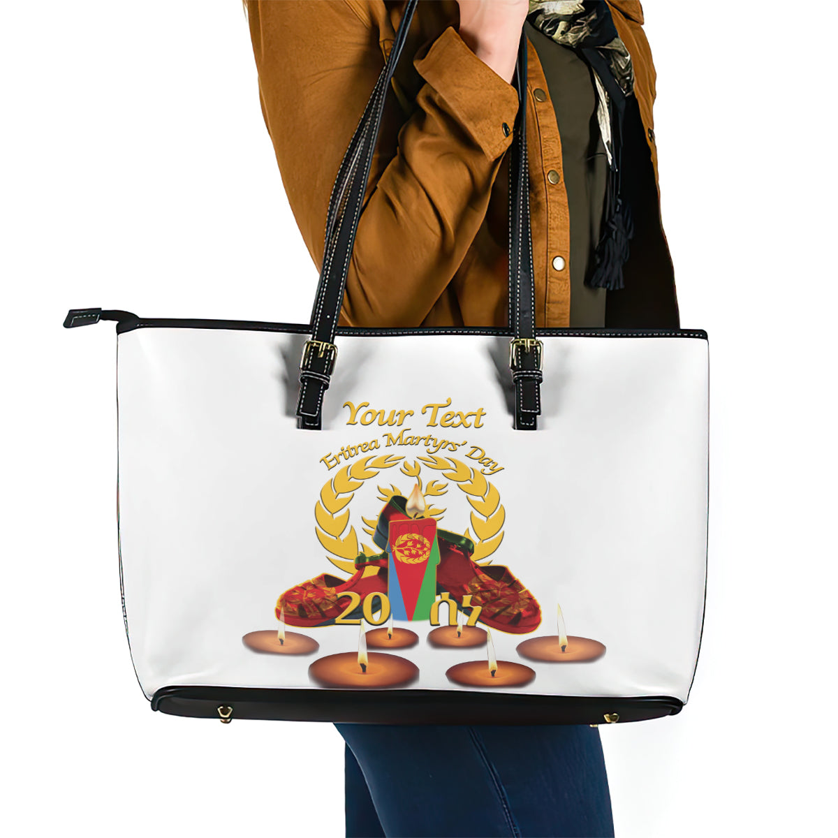 Custom Eritrea Martyrs' Day Leather Tote Bag 20 June Shida Shoes With Candles - White - Wonder Print Shop