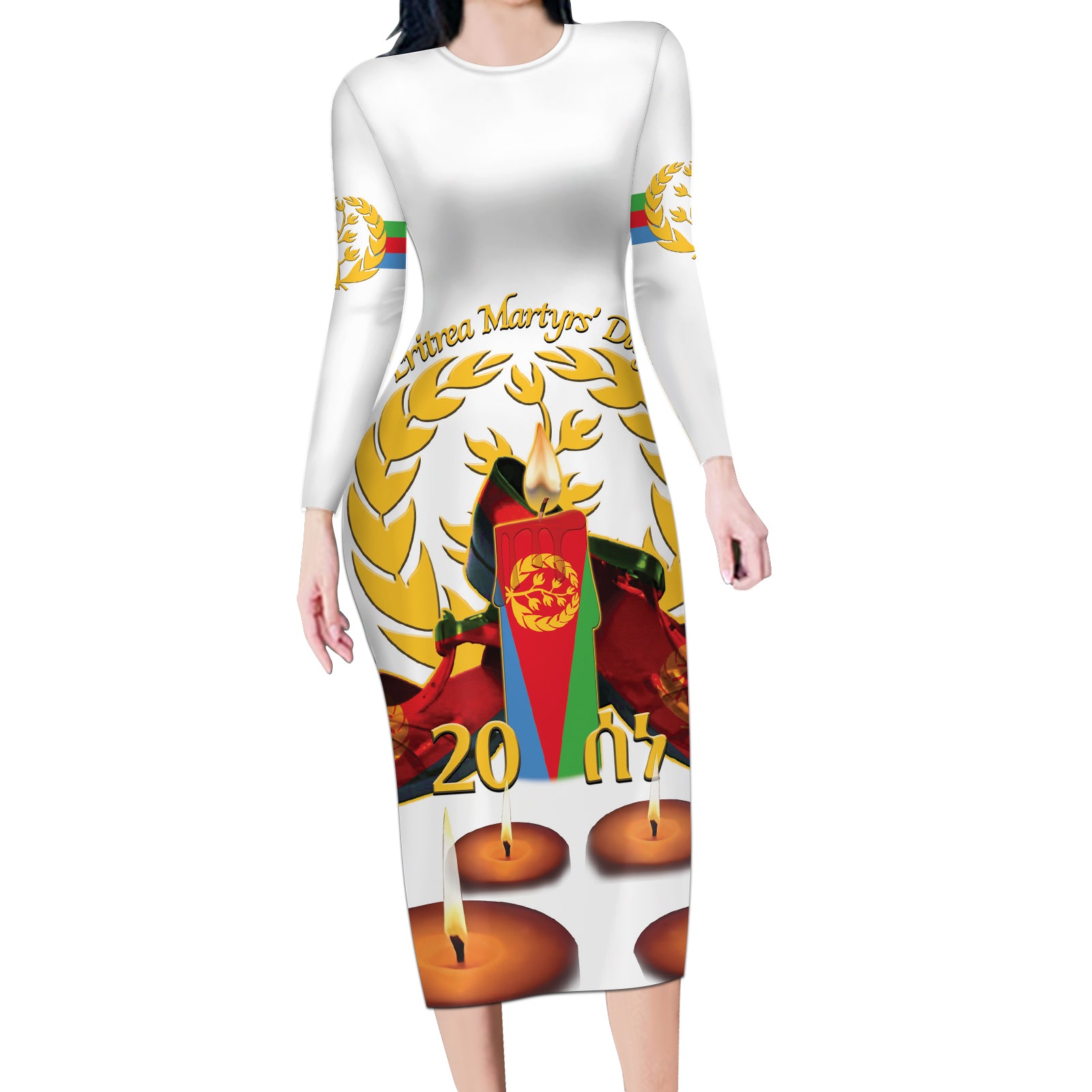 Custom Eritrea Martyrs' Day Long Sleeve Bodycon Dress 20 June Shida Shoes With Candles - White