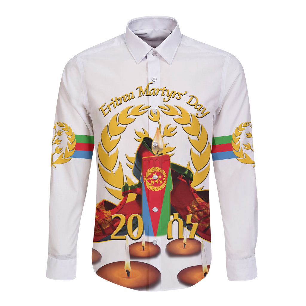 Custom Eritrea Martyrs' Day Long Sleeve Button Shirt 20 June Shida Shoes With Candles - White - Wonder Print Shop
