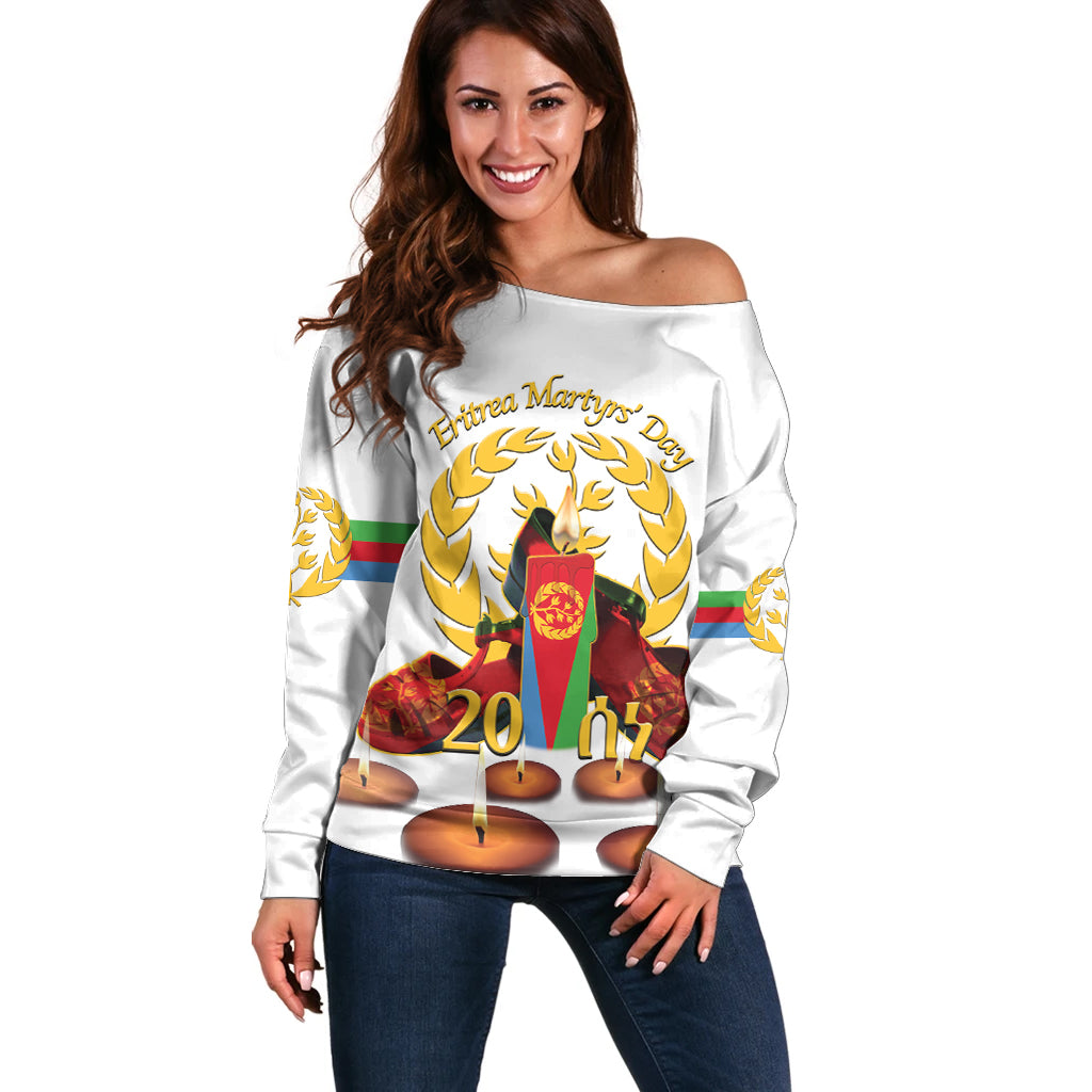 Custom Eritrea Martyrs' Day Off Shoulder Sweater 20 June Shida Shoes With Candles - White