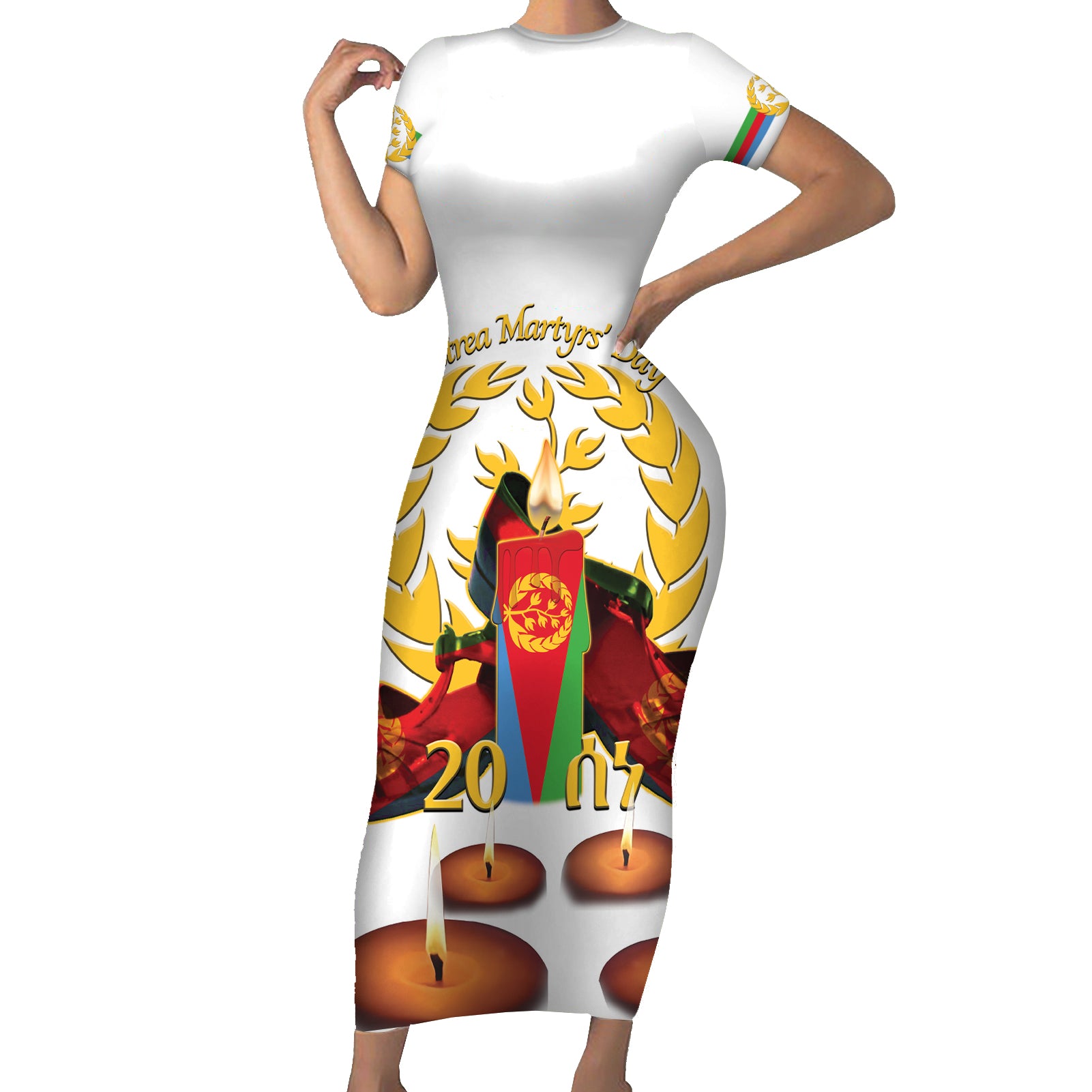 Custom Eritrea Martyrs' Day Short Sleeve Bodycon Dress 20 June Shida Shoes With Candles - White