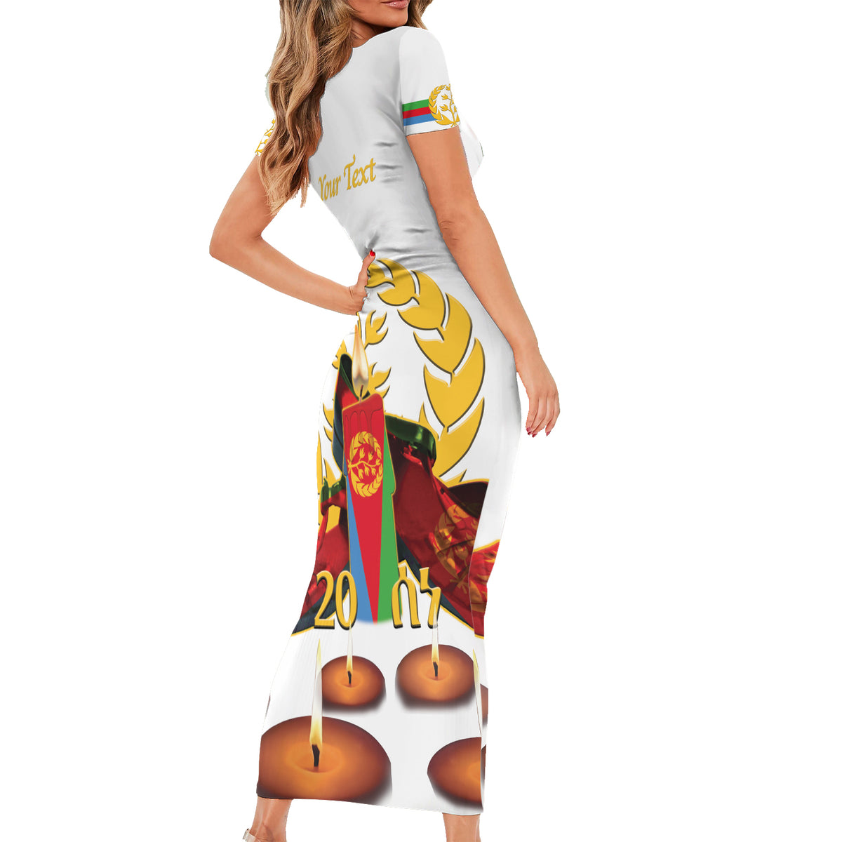 Custom Eritrea Martyrs' Day Short Sleeve Bodycon Dress 20 June Shida Shoes With Candles - White - Wonder Print Shop