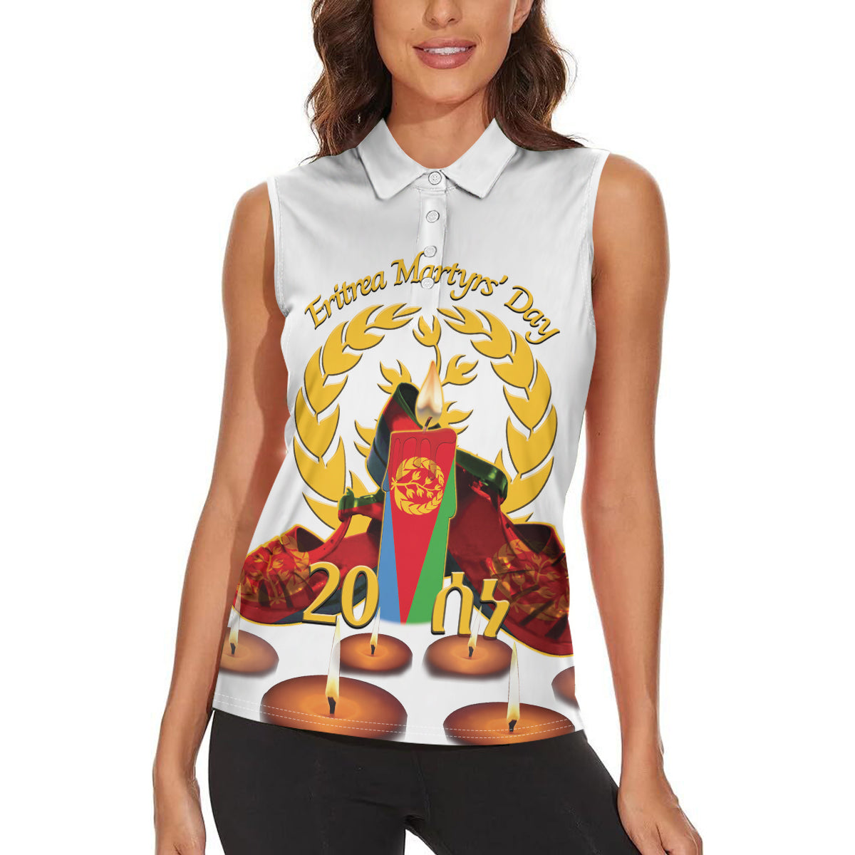 Custom Eritrea Martyrs' Day Women Sleeveless Polo Shirt 20 June Shida Shoes With Candles - White - Wonder Print Shop