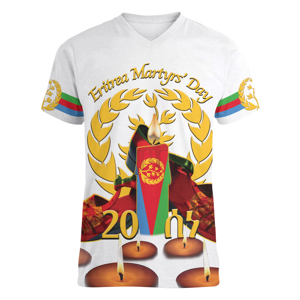 Custom Eritrea Martyrs' Day Women V-Neck T-Shirt 20 June Shida Shoes With Candles - White - Wonder Print Shop