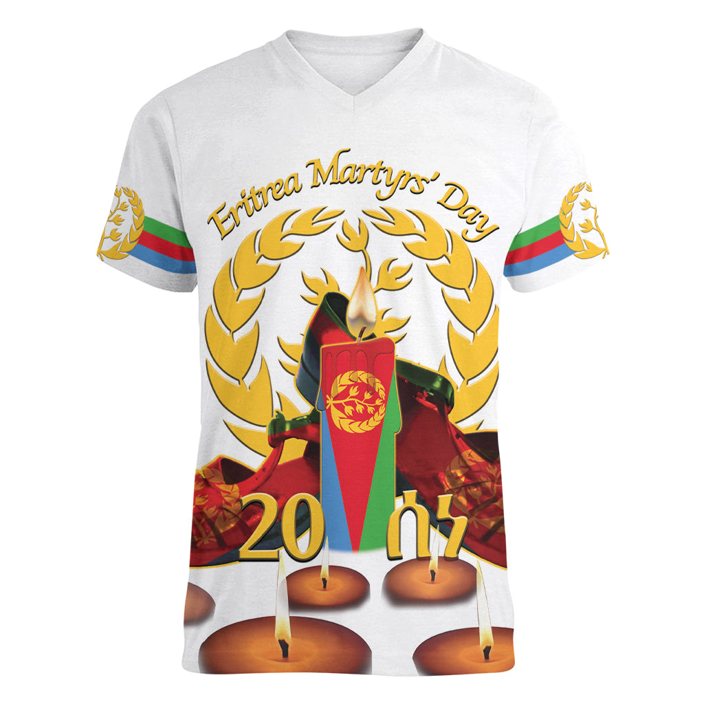 Custom Eritrea Martyrs' Day Women V-Neck T-Shirt 20 June Shida Shoes With Candles - White