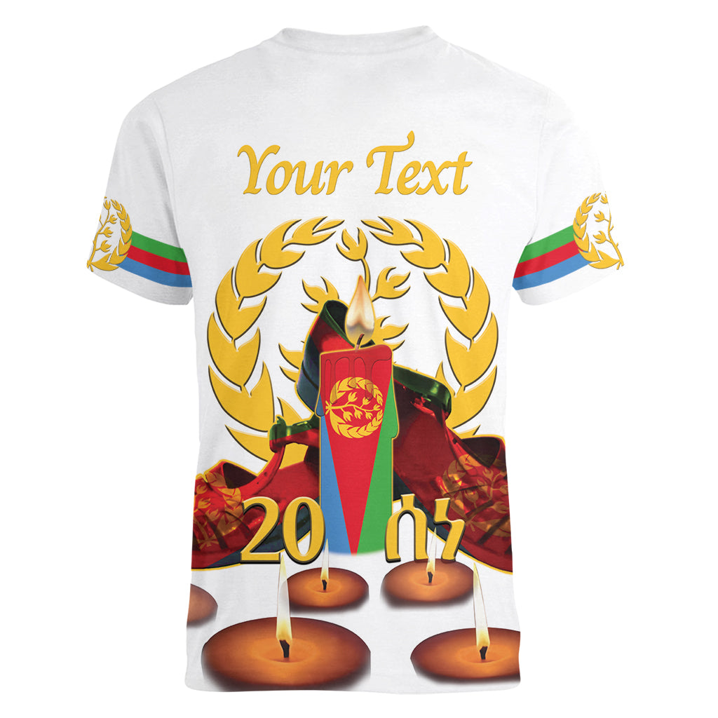 Custom Eritrea Martyrs' Day Women V-Neck T-Shirt 20 June Shida Shoes With Candles - White - Wonder Print Shop