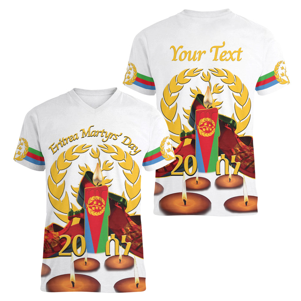 Custom Eritrea Martyrs' Day Women V-Neck T-Shirt 20 June Shida Shoes With Candles - White - Wonder Print Shop