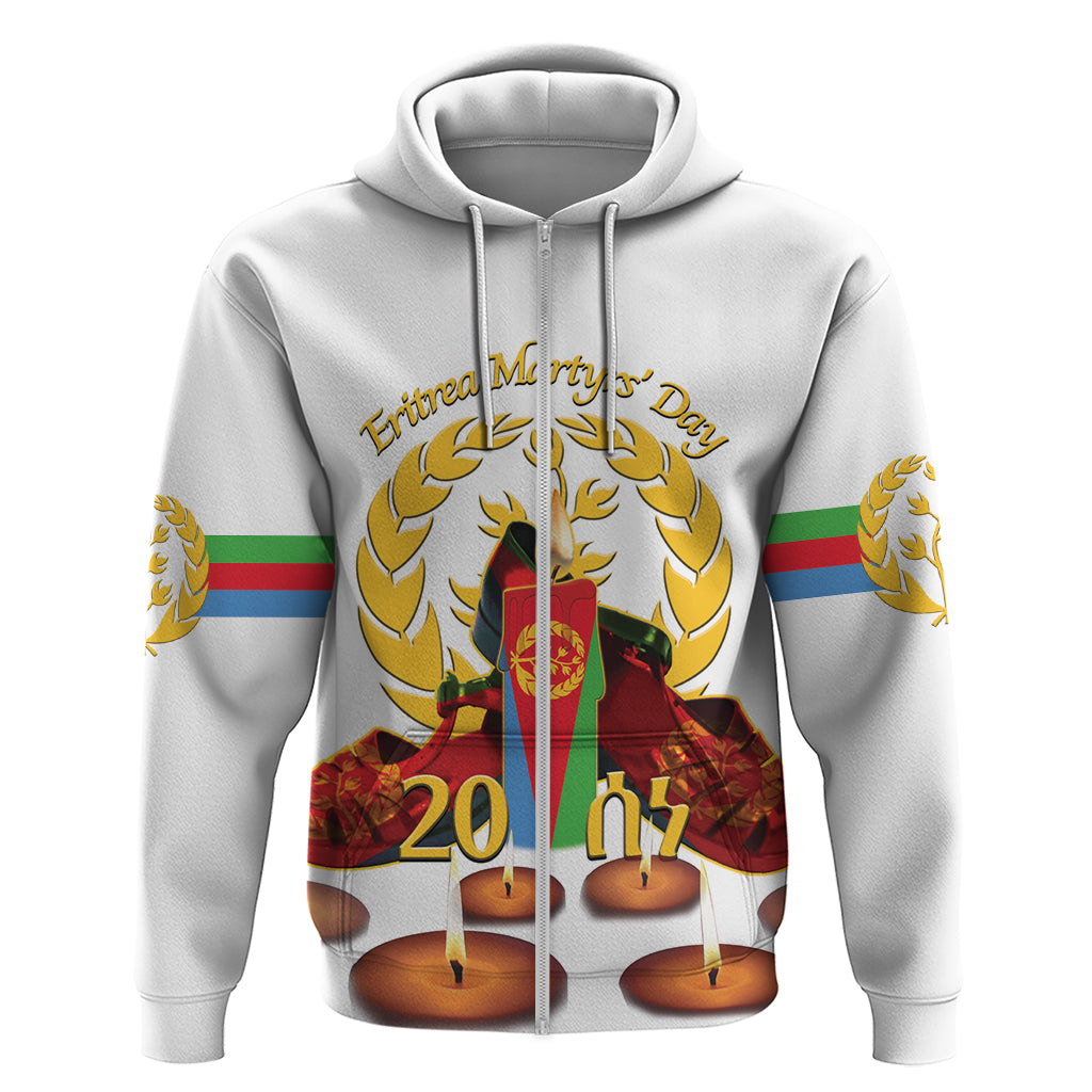 Custom Eritrea Martyrs' Day Zip Hoodie 20 June Shida Shoes With Candles - White