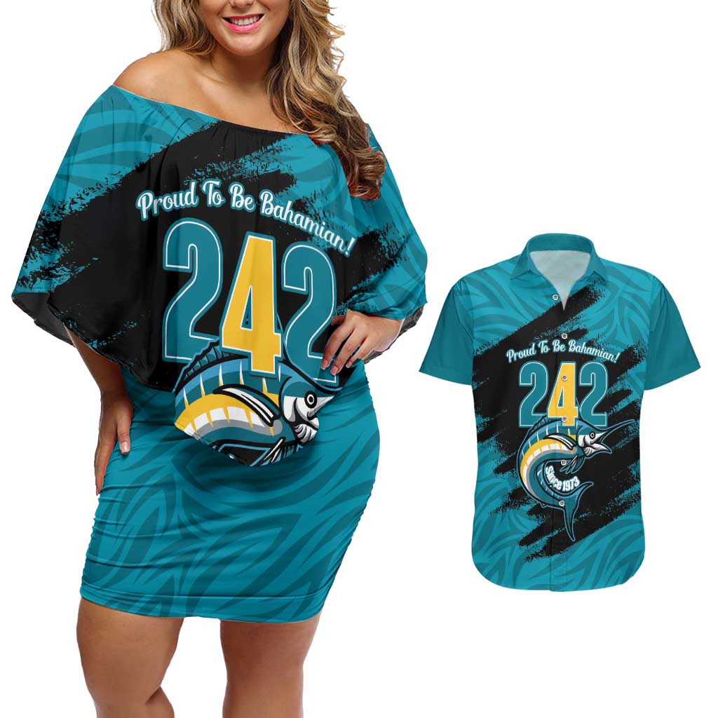 The Bahamas 242 Day Couples Matching Off Shoulder Short Dress and Hawaiian Shirt Bahamian Independence Anniversary