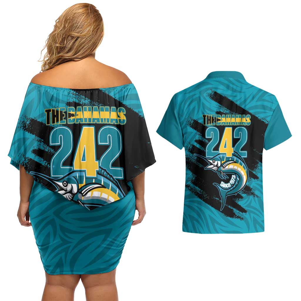 The Bahamas 242 Day Couples Matching Off Shoulder Short Dress and Hawaiian Shirt Bahamian Independence Anniversary