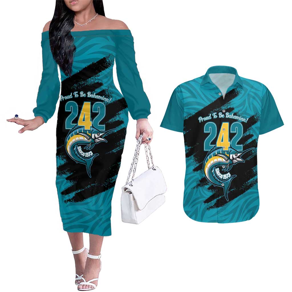 The Bahamas 242 Day Couples Matching Off The Shoulder Long Sleeve Dress and Hawaiian Shirt Bahamian Independence Anniversary