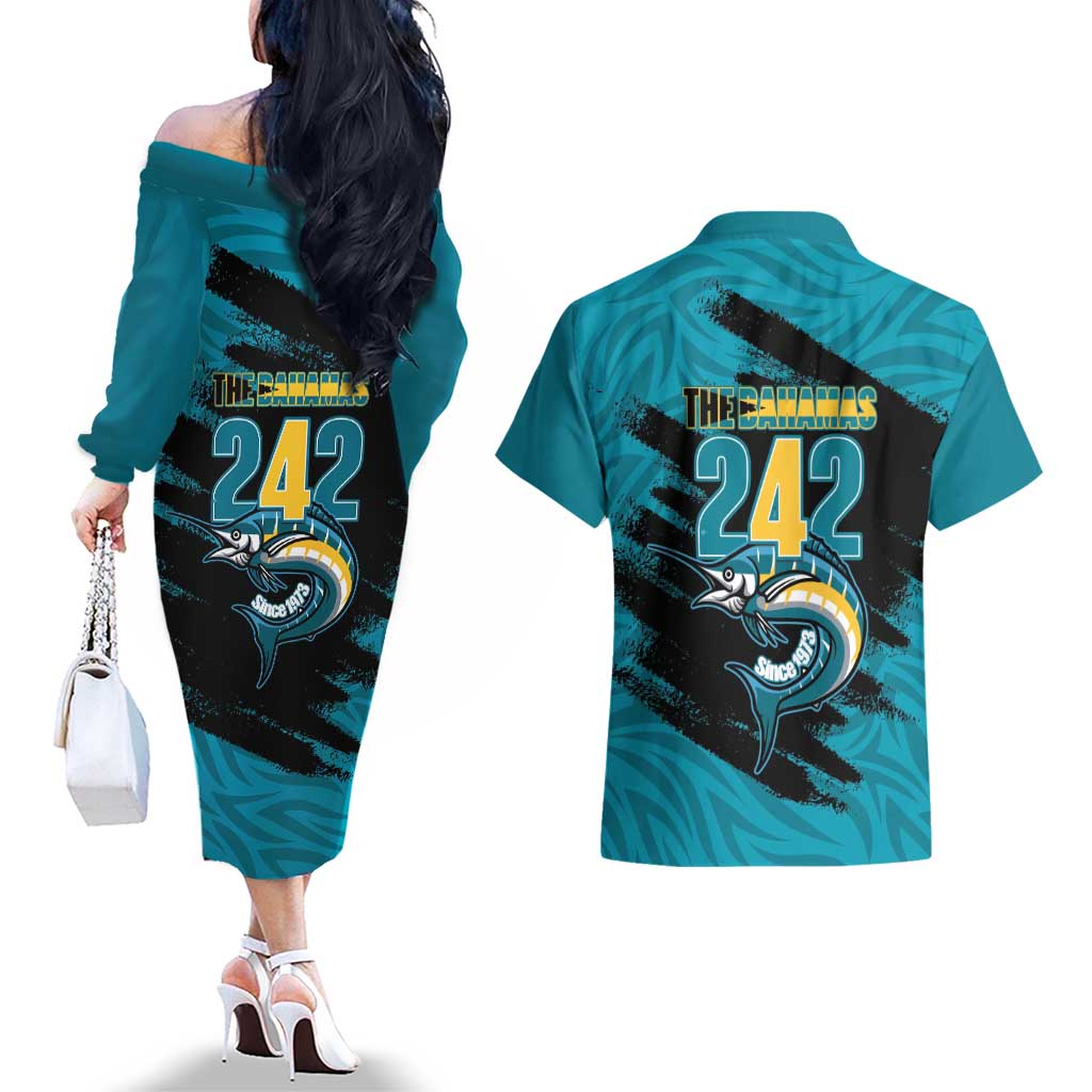 The Bahamas 242 Day Couples Matching Off The Shoulder Long Sleeve Dress and Hawaiian Shirt Bahamian Independence Anniversary