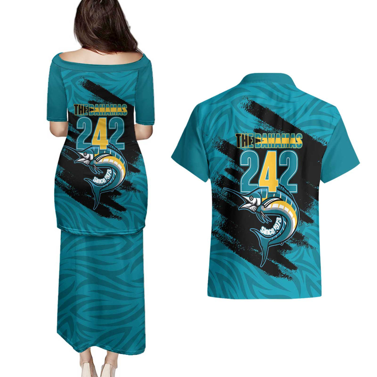 The Bahamas 242 Day Couples Matching Puletasi and Hawaiian Shirt Bahamian Independence Anniversary