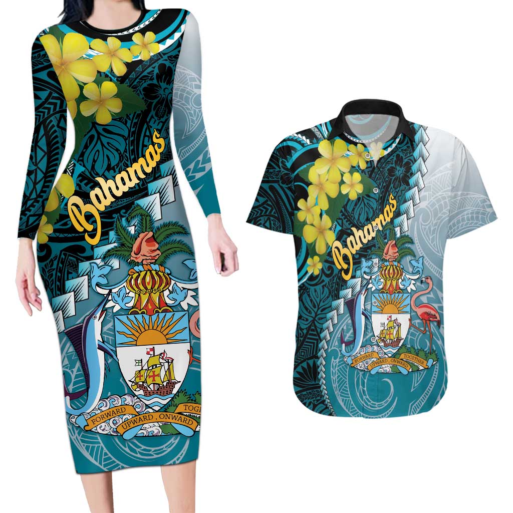 The Bahamas Couples Matching Long Sleeve Bodycon Dress and Hawaiian Shirt Bahamian Buttercup Polynesian Pattern