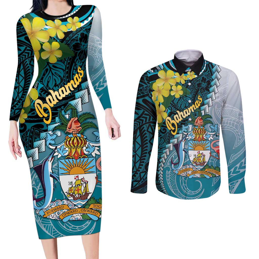 The Bahamas Couples Matching Long Sleeve Bodycon Dress and Long Sleeve Button Shirt Bahamian Buttercup Polynesian Pattern