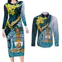 The Bahamas Couples Matching Long Sleeve Bodycon Dress and Long Sleeve Button Shirt Bahamian Buttercup Polynesian Pattern