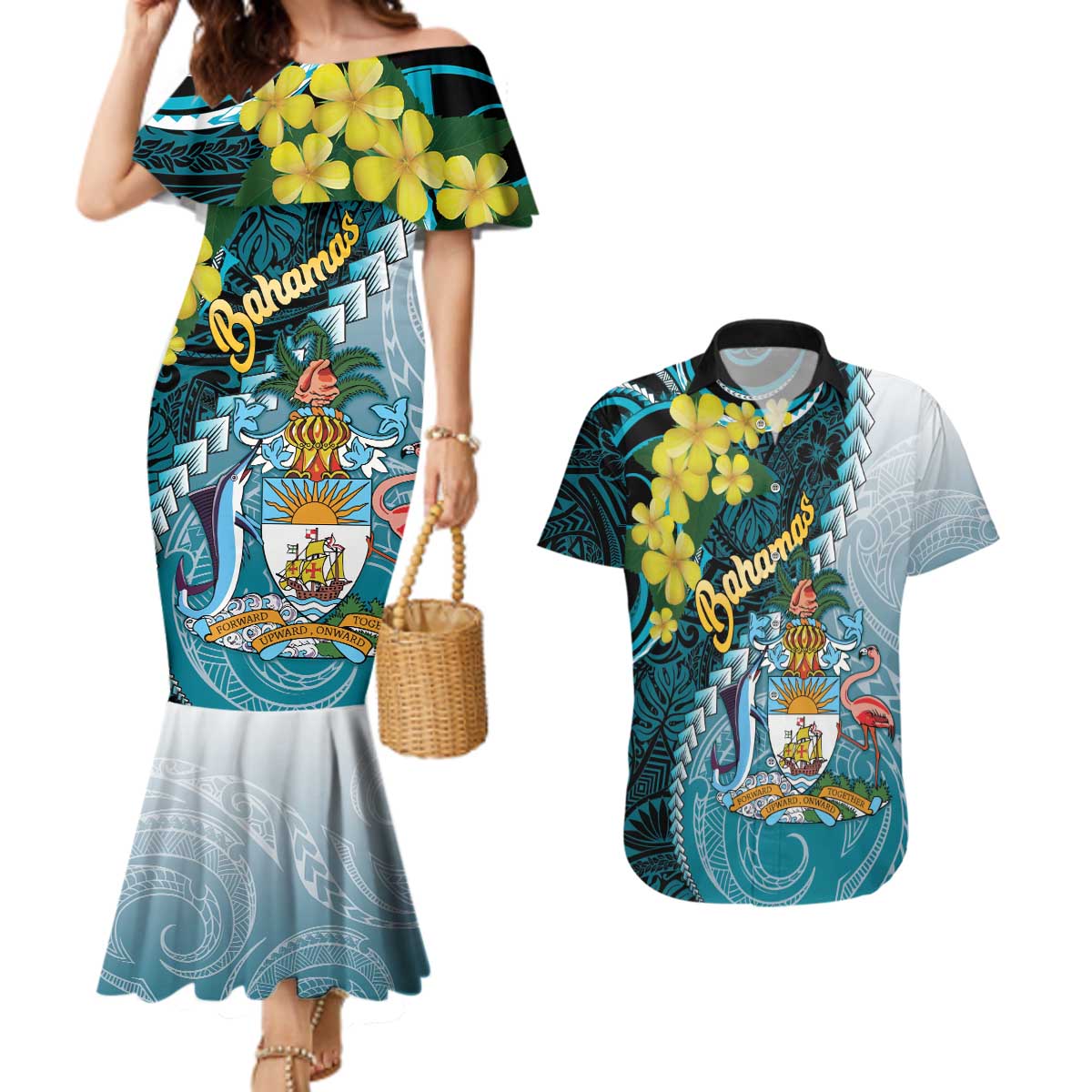 The Bahamas Couples Matching Mermaid Dress and Hawaiian Shirt Bahamian Buttercup Polynesian Pattern