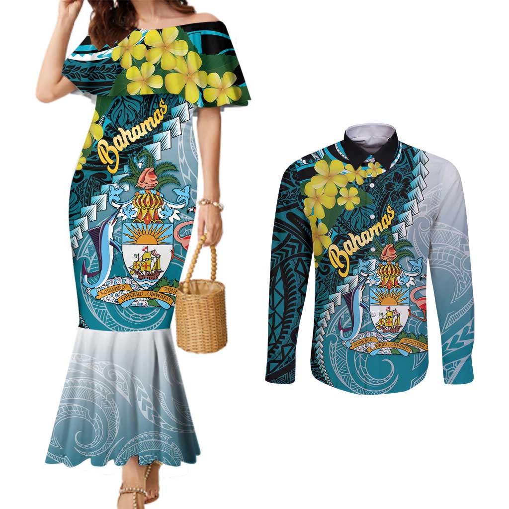 The Bahamas Couples Matching Mermaid Dress and Long Sleeve Button Shirt Bahamian Buttercup Polynesian Pattern