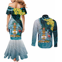The Bahamas Couples Matching Mermaid Dress and Long Sleeve Button Shirt Bahamian Buttercup Polynesian Pattern