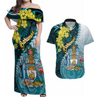 The Bahamas Couples Matching Off Shoulder Maxi Dress and Hawaiian Shirt Bahamian Buttercup Polynesian Pattern