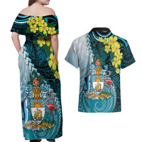 The Bahamas Couples Matching Off Shoulder Maxi Dress and Hawaiian Shirt Bahamian Buttercup Polynesian Pattern