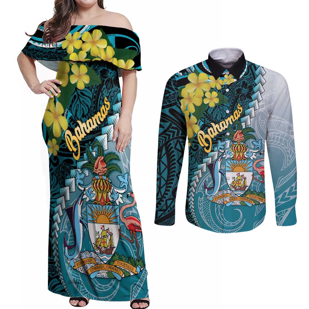The Bahamas Couples Matching Off Shoulder Maxi Dress and Long Sleeve Button Shirt Bahamian Buttercup Polynesian Pattern