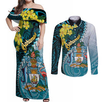 The Bahamas Couples Matching Off Shoulder Maxi Dress and Long Sleeve Button Shirt Bahamian Buttercup Polynesian Pattern
